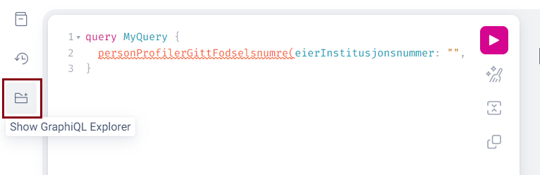 Skjermbilde fra GraphiQL som viser skriveområdet og knappen "Show GraphiQL Explorer"