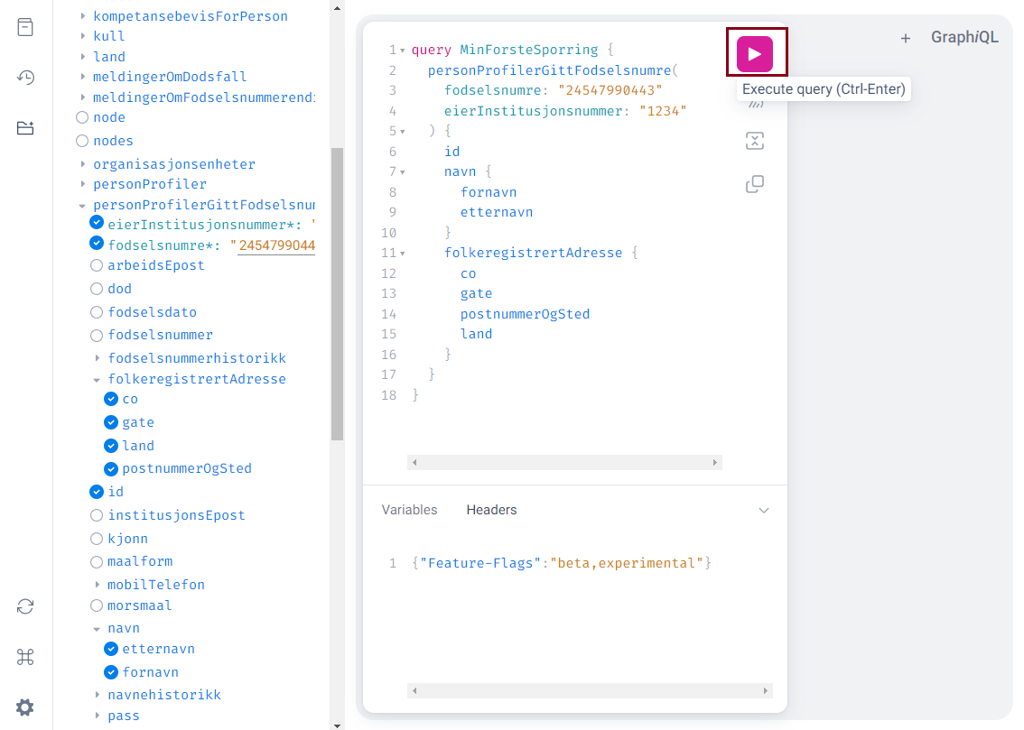 Skjermbilde fra GraphiQL som viser plasseringen av knappen "Execute Query"