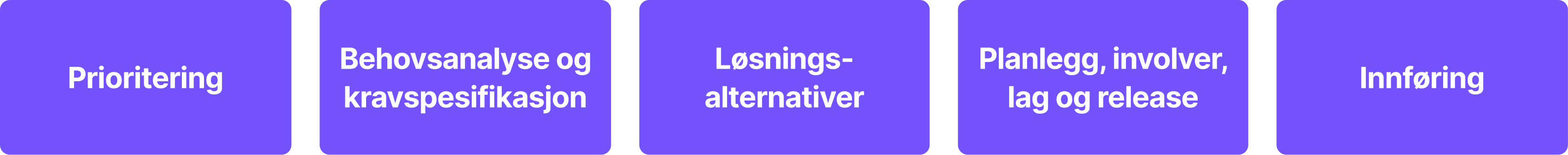 Oversikt over de fem stegene i utviklingsmodellen: Prioritering, Behovsanalyse og kravspesifikasjon, Løsningsalternativer, Planlegg involver lag og release, og Innføring
